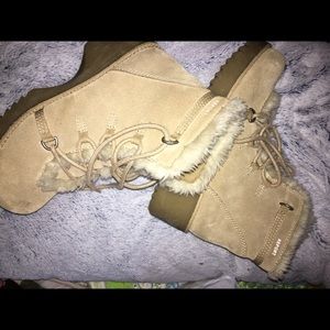 New Report winter leather boots 9 tan fake fur